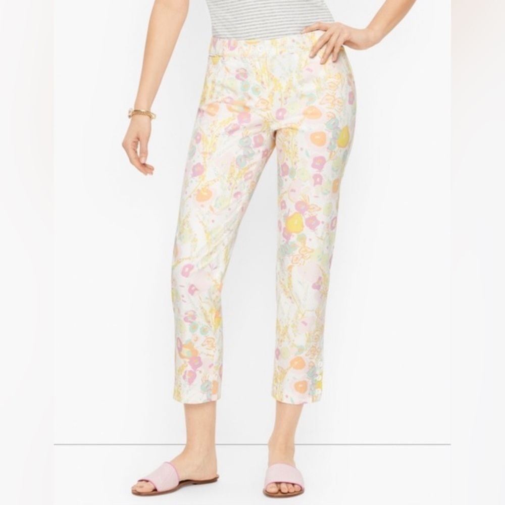 Talbots Women’s Mid-Rise Perfect Crop Capris Pants Abstract Floral White Sz 4